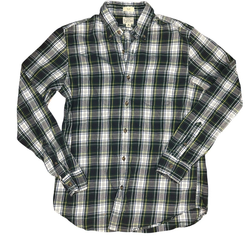 J.Crew Men’s Slim Fit Plaid Button Down Shirt M Green Yellow Tartan Madras